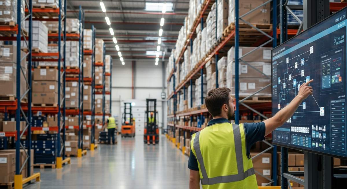 物流ソリューションとしてのWMSを操作する男性