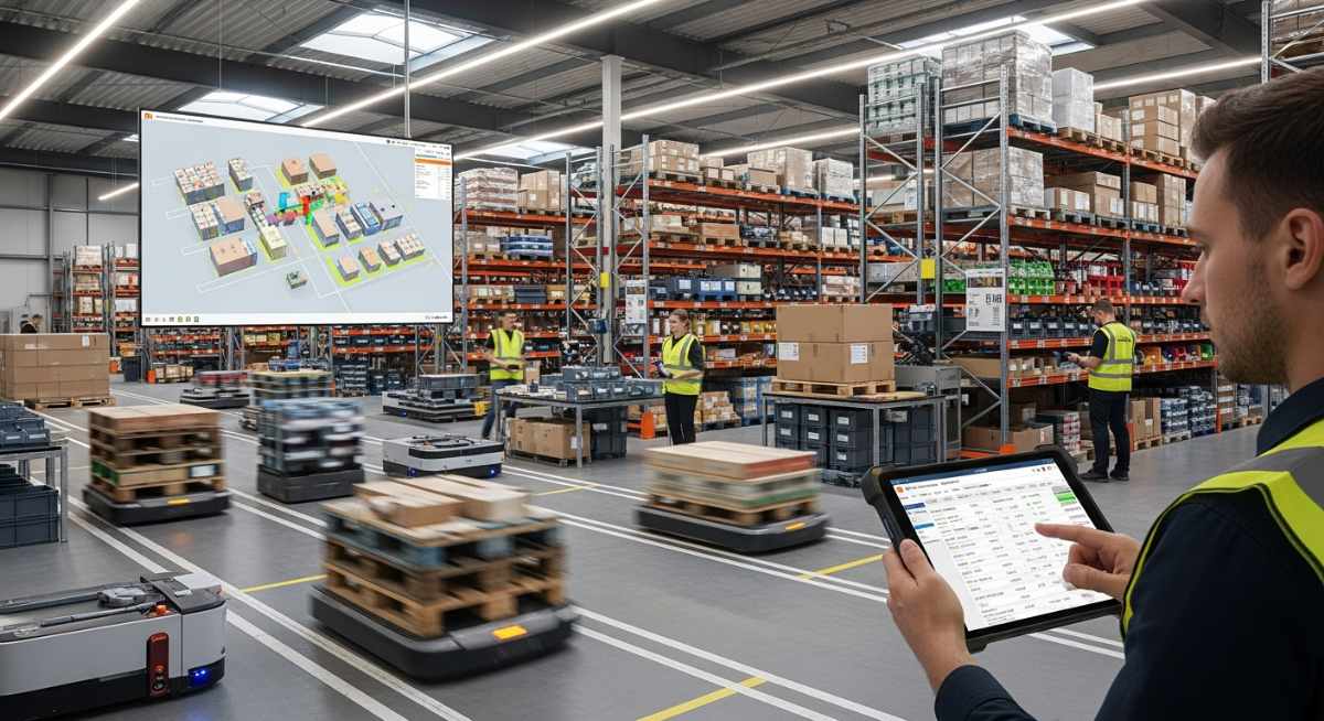 タブレットで物流ソシューを操作する従業員