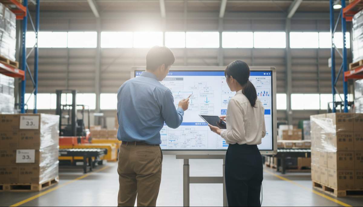 logistics-improvement-3 物流改善を相談する男女の従業員