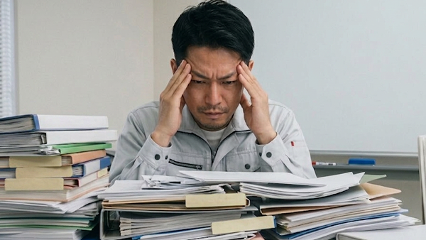 物流業界でよくある「システムが動いているのに分からない」状態に陥り頭を抱える男性