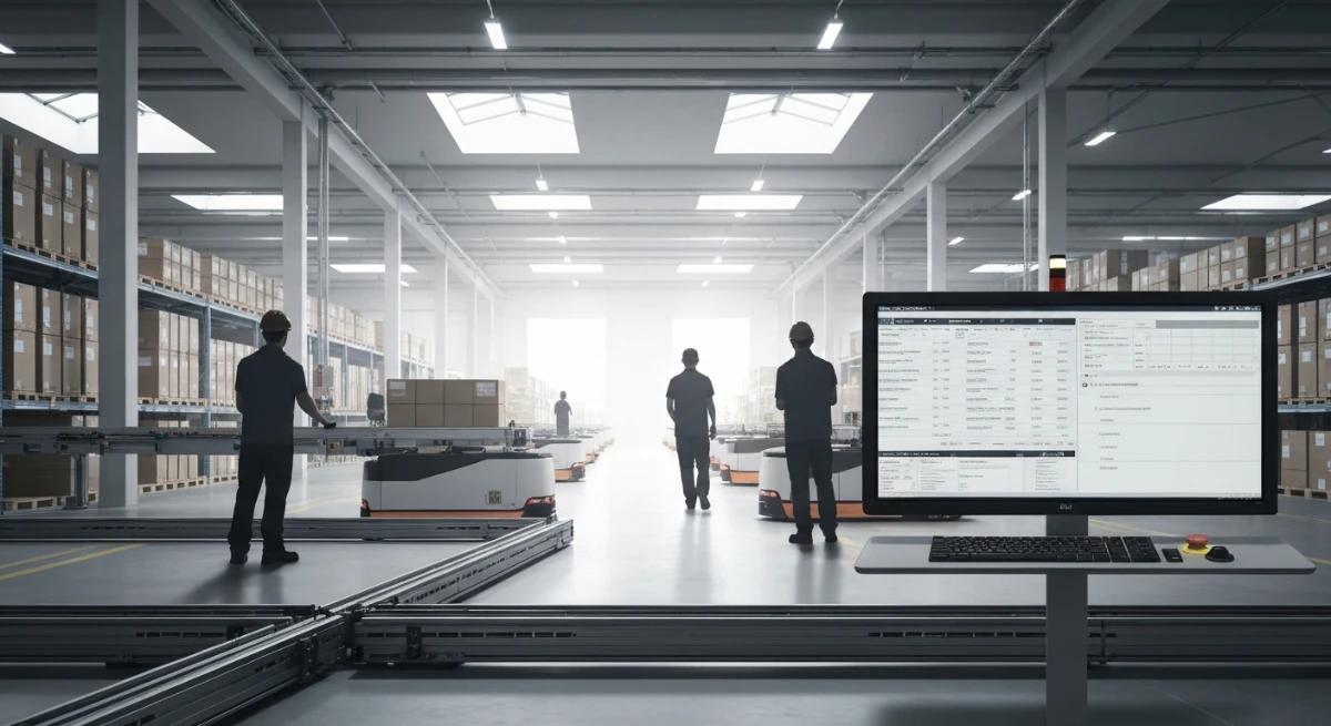 dialog-logistics-kpi-3 モダンな倉庫の中で物流KPIが映るモニター