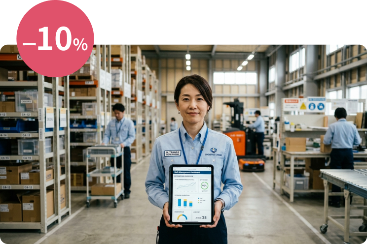 imag02 タブレットで管理画面を確認する現場スタッフの画像と「-10%」のコスト削減バッジ。人件費や外注費の適正化による、無駄のない現場運営とコスト削減のイメージ。