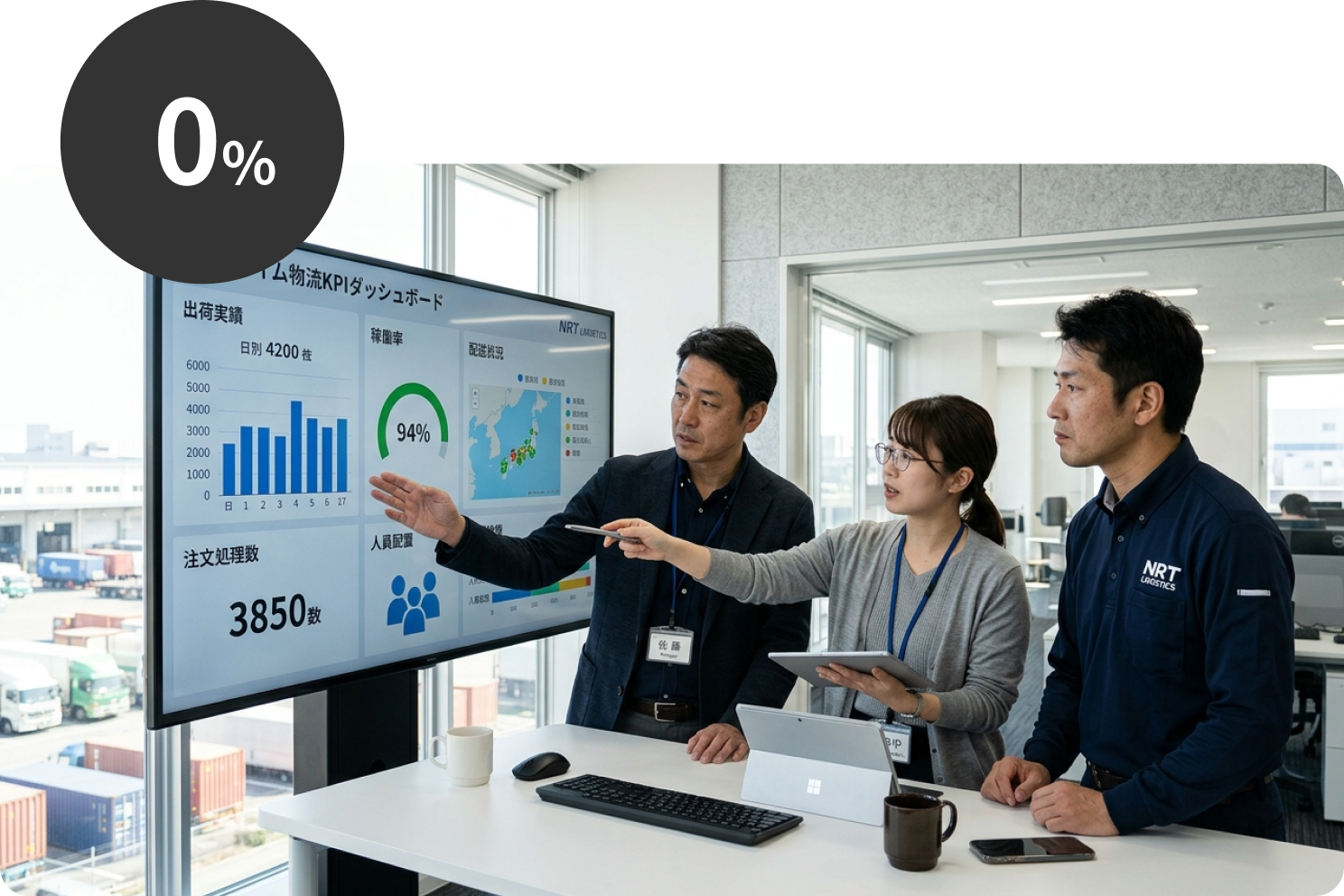imag03 大型モニターのダッシュボードを囲んで議論するチームの画像と「0%」のバッジ。実績データが自動収集されることで、集計工数と認識のズレをゼロにし、全員が同じ数値を共有できる現場のイメージ。